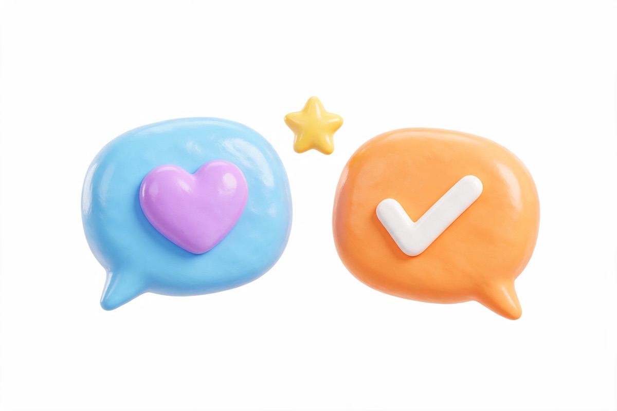 Two facing speech bubbles with a heart and a tick, a yellow star between