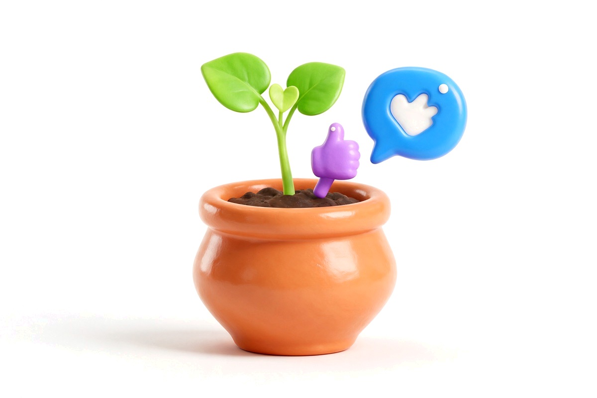 Potted green sprout with heart leaves, a purple thumbs-up and a blue speech bubble