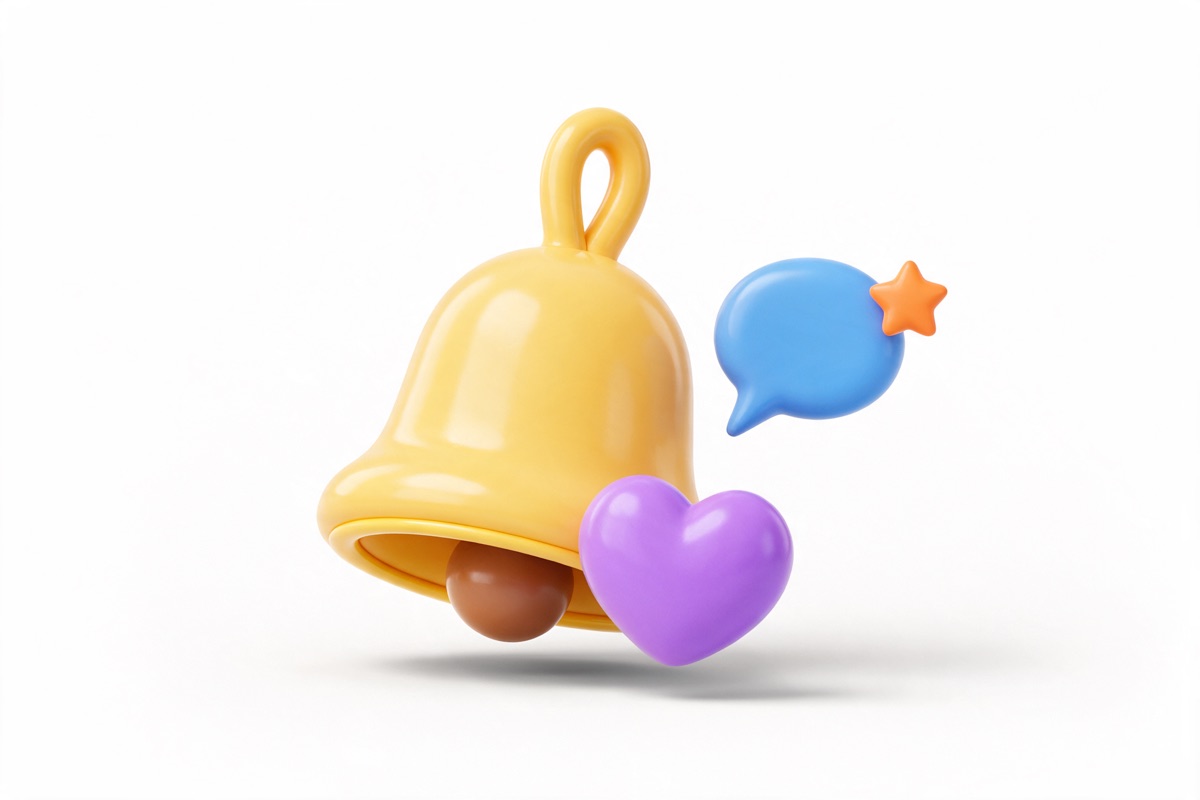 Yellow bell with a blue speech bubble, orange star and purple heart