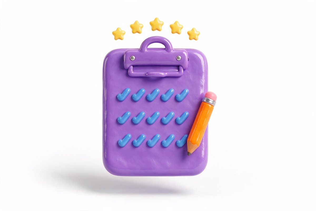 Purple clipboard with tick rows, a row of yellow stars and an orange pencil