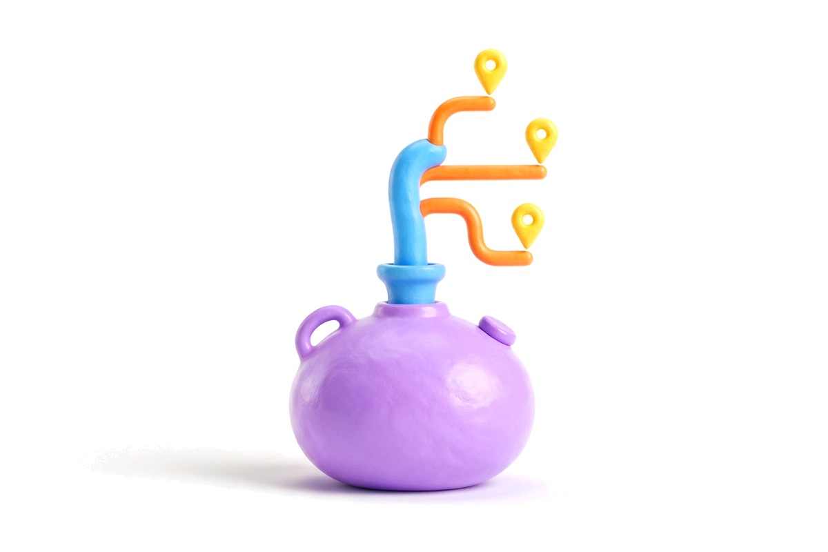 Purple tank with a blue pipe splitting into three orange pipes ending in map pins