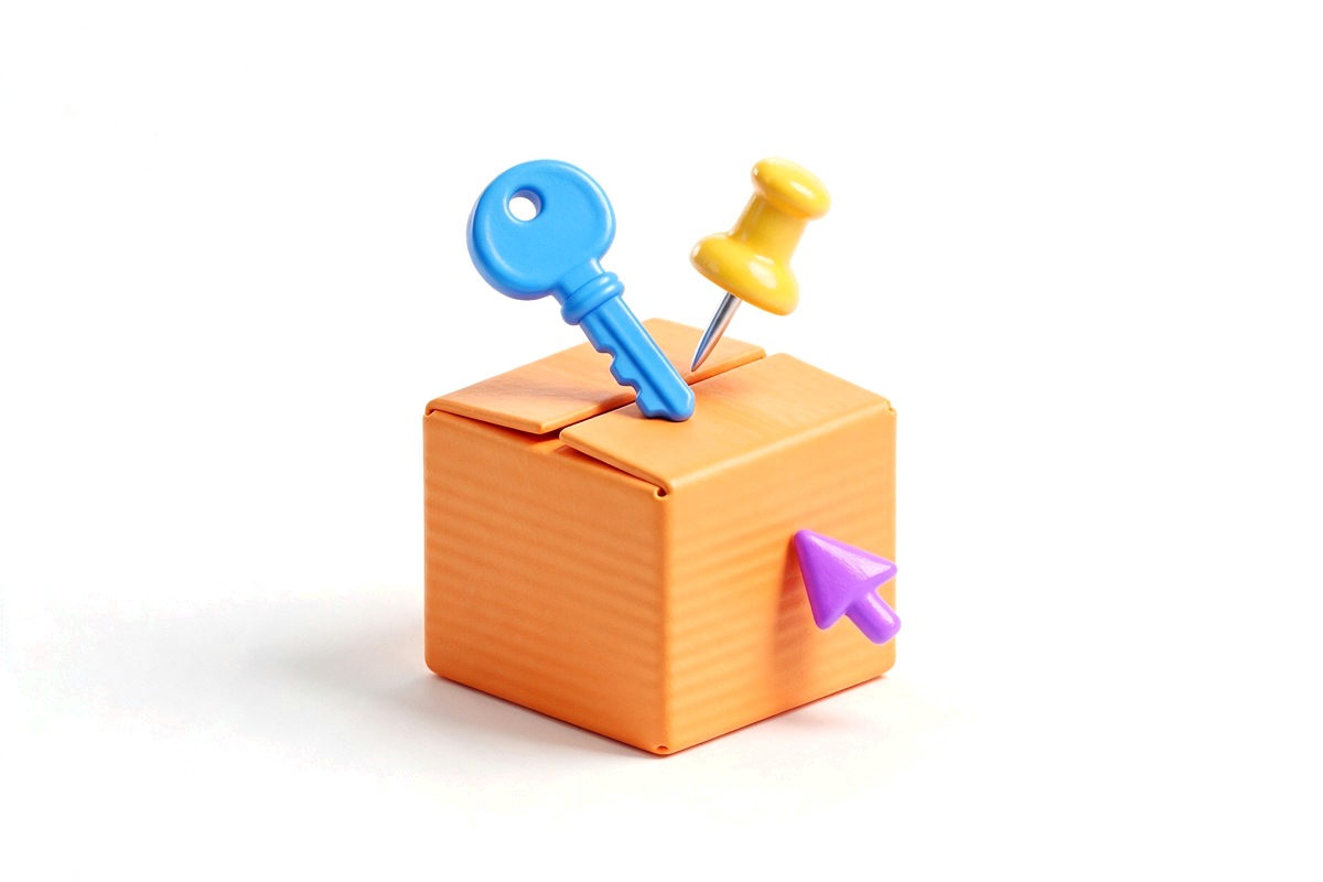 Orange moving box with a blue house key, yellow map pin and purple arrow