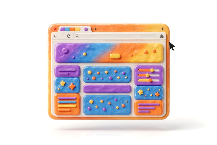 Glossy 3D website window with colourful content blocks