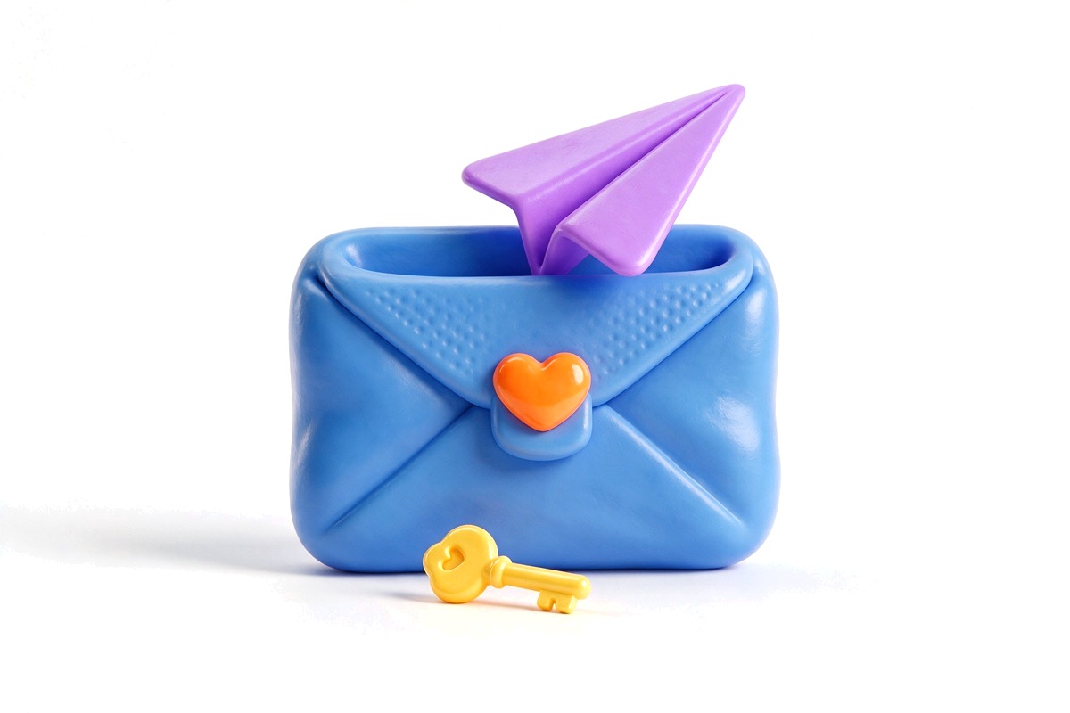 Blue envelope with heart seal, a purple paper plane and a small yellow key