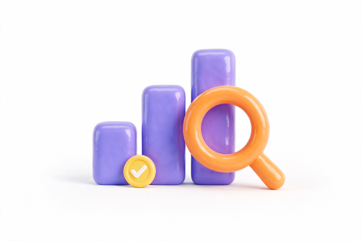 Rising purple bar blocks with an orange magnifying glass and a ticked yellow coin