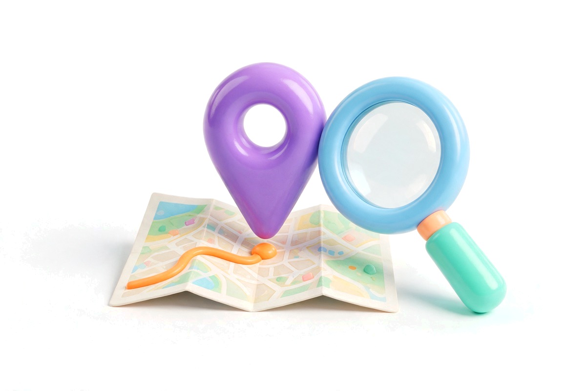 Glossy 3D folded map with a purple location pin and a magnifying glass