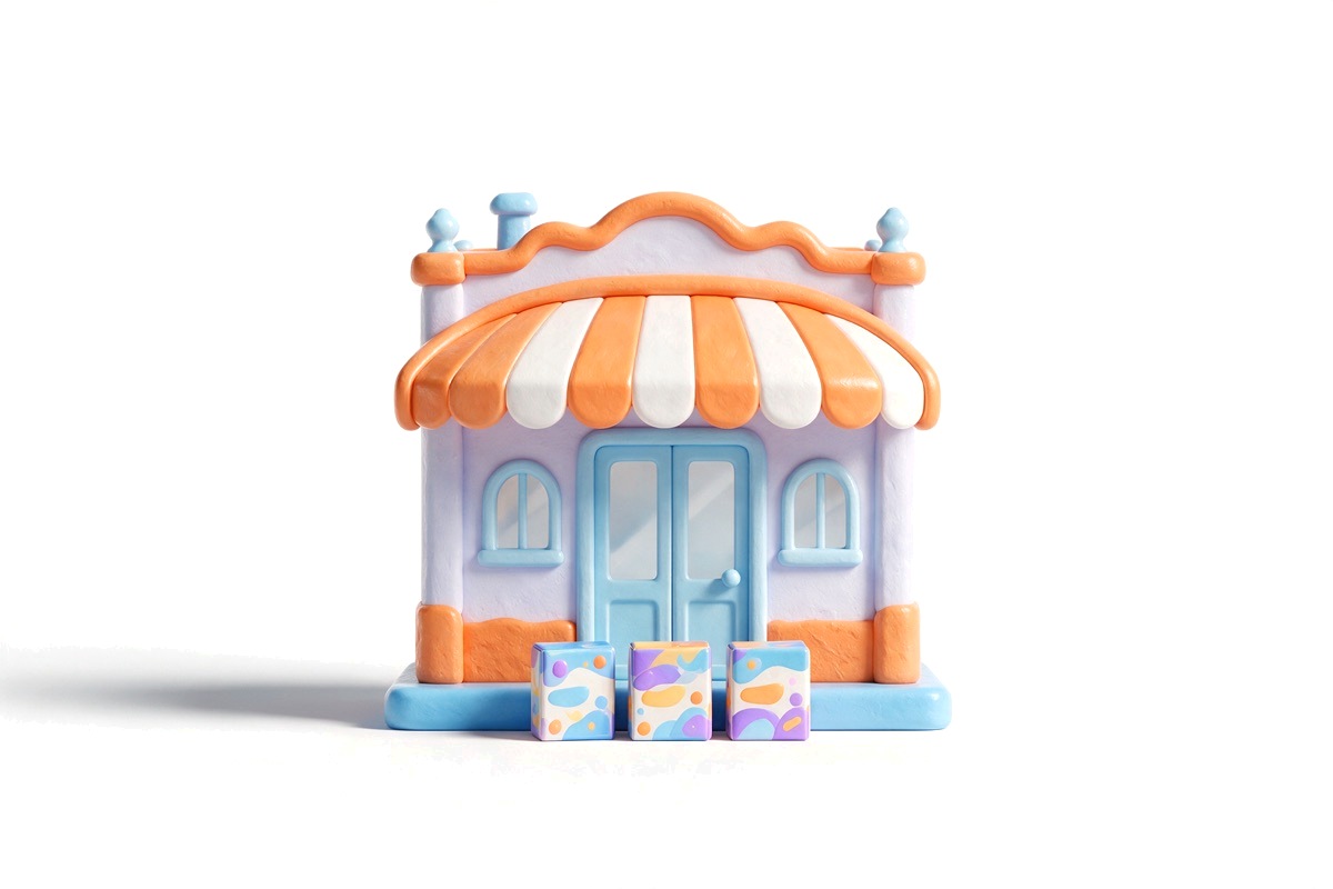 Small striped-awning storefront with three matching product boxes lined up