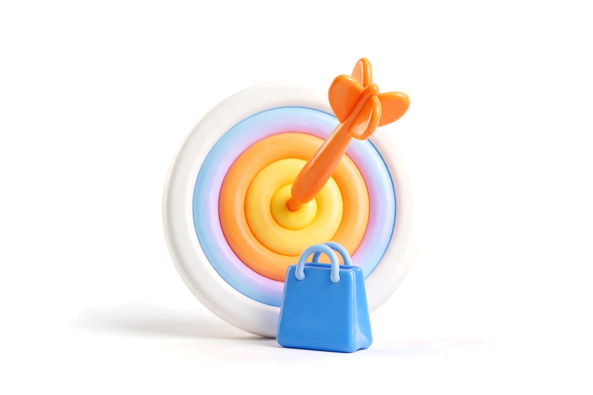 Archery target with a dart in the middle and a shopping bag in front