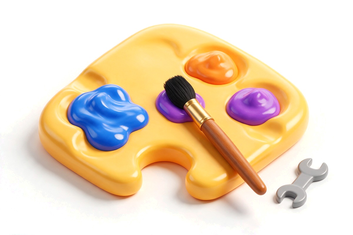 Paint palette with colour blobs, a brush and a small wrench