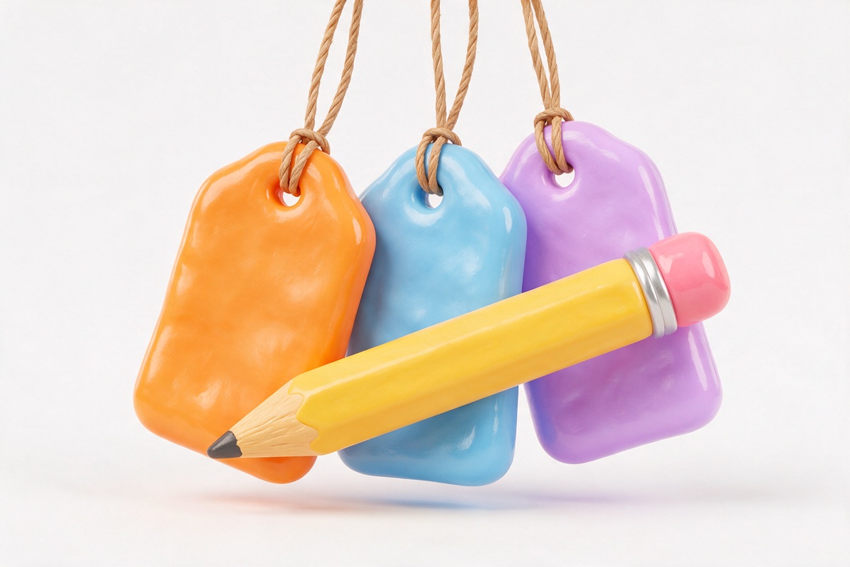 Three hanging price tags with a large pencil lying in front