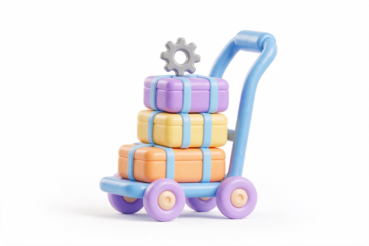 Hand truck carrying a stack of parcels topped with a small gear