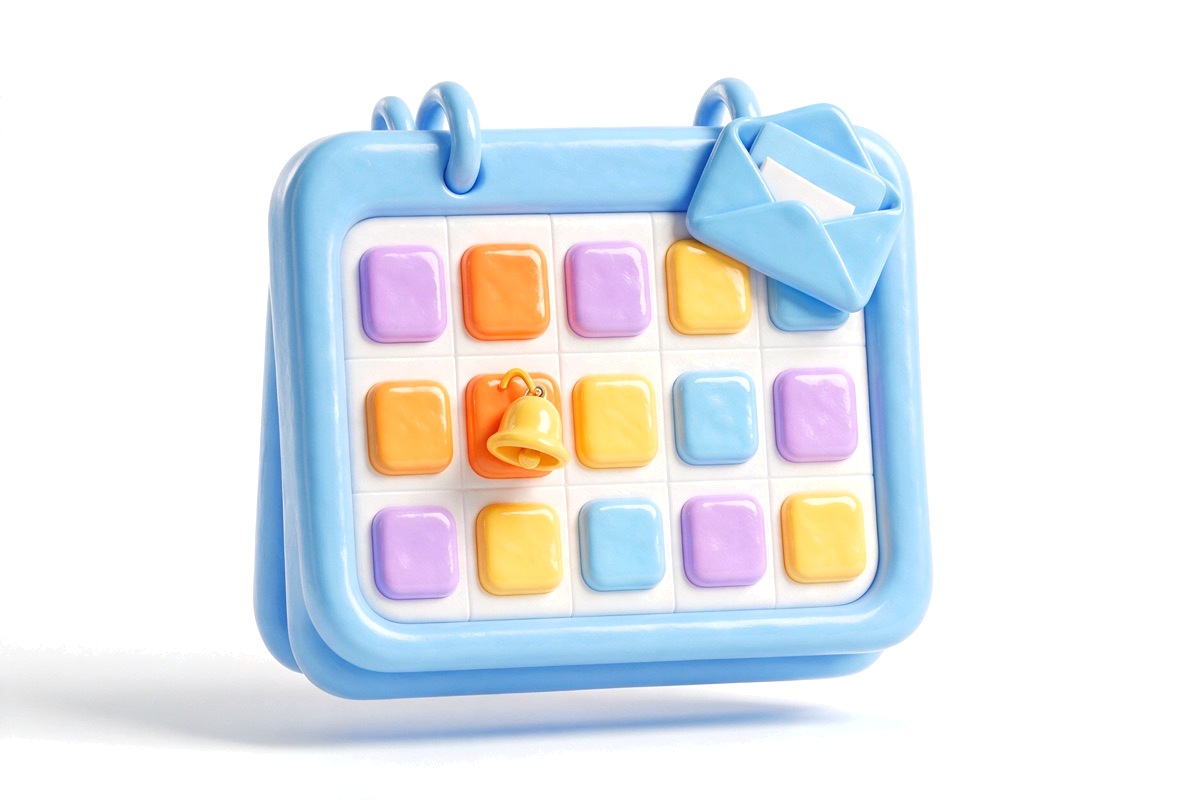 Calendar grid with a ringing bell and an envelope tucked into the corner