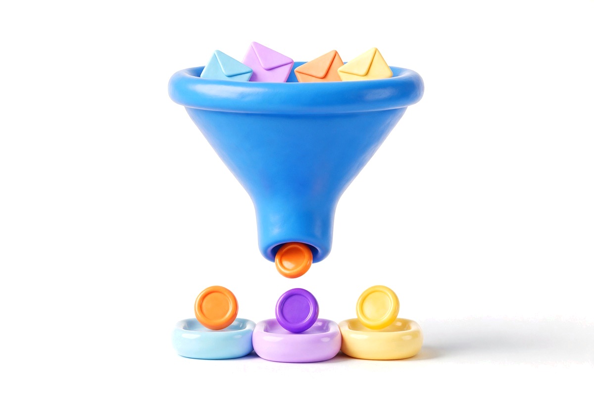 Funnel taking in envelopes and sorting tokens into three separate trays