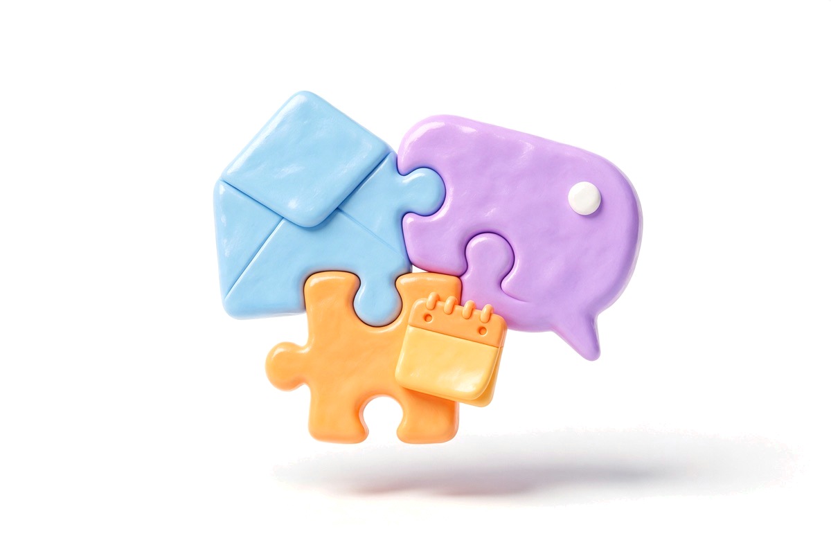 Three interlocking puzzle pieces shaped like an envelope, speech bubble and calendar