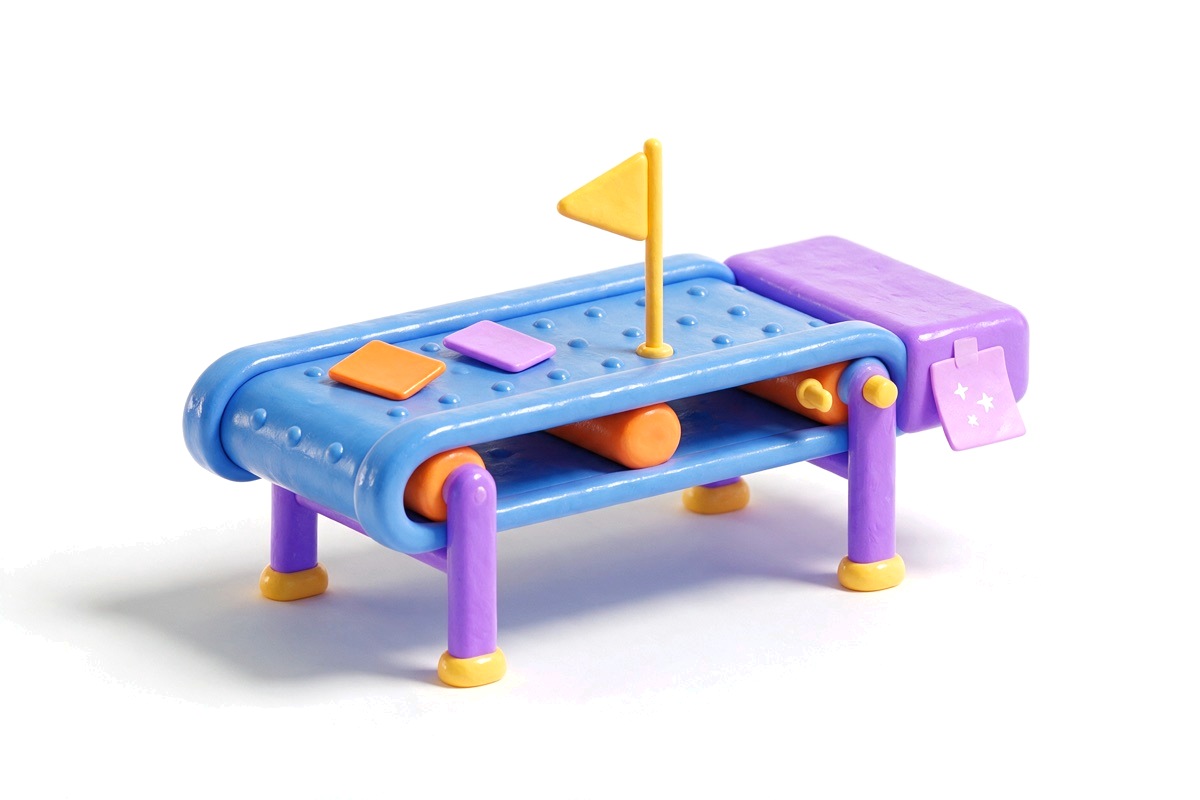 Blue conveyor belt carrying cards with a yellow hand-off flag and purple note