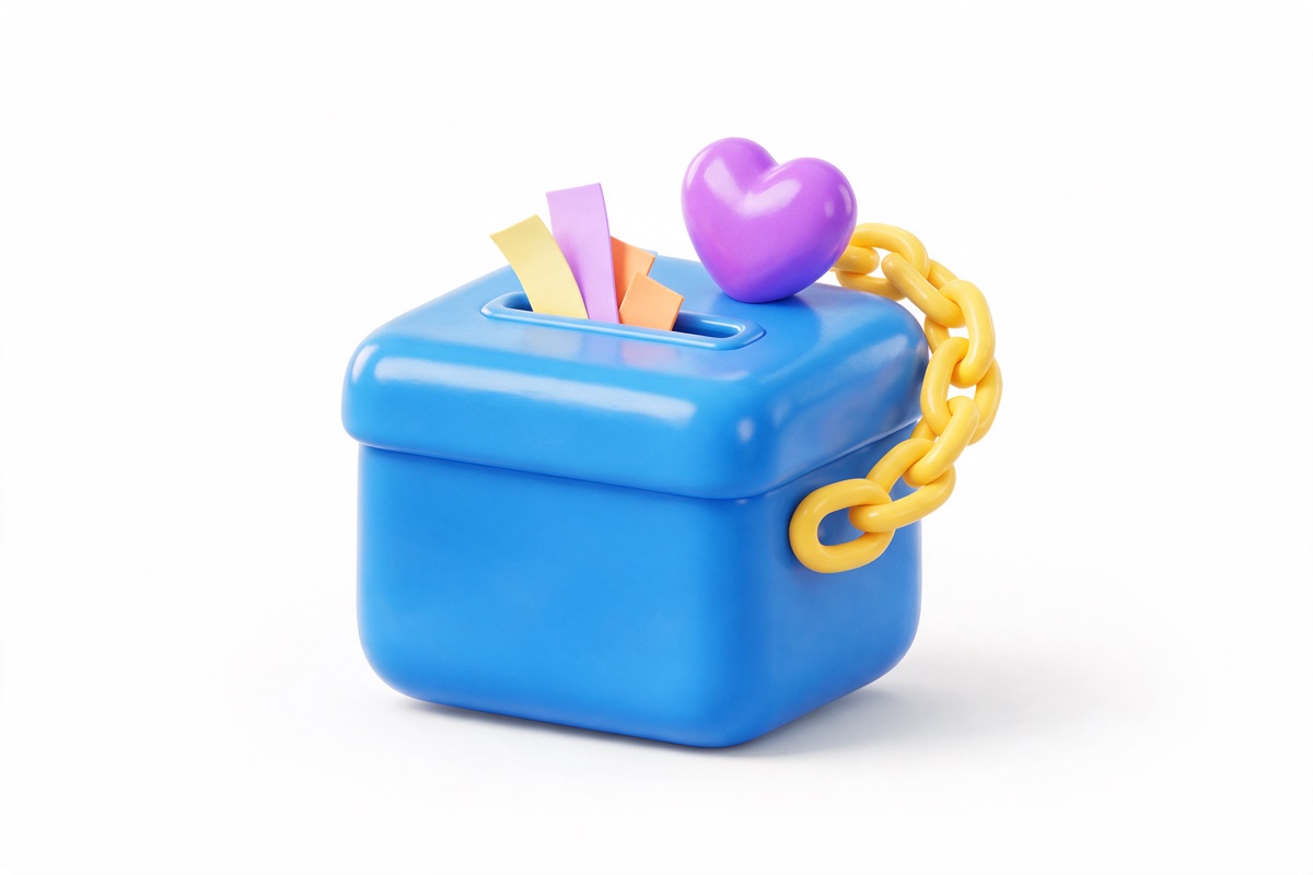 Blue suggestion box with paper slips, a yellow link chain and a purple heart