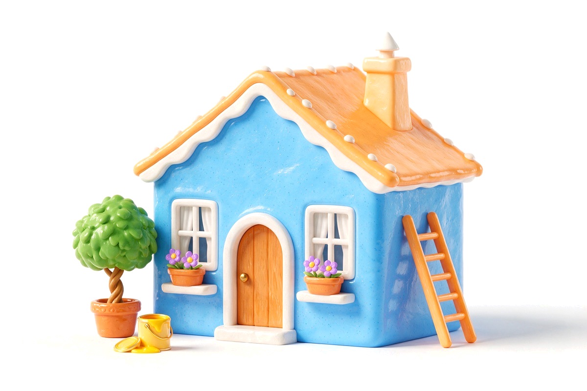 Blue house with orange roof, green tree, yellow paint can and ladder