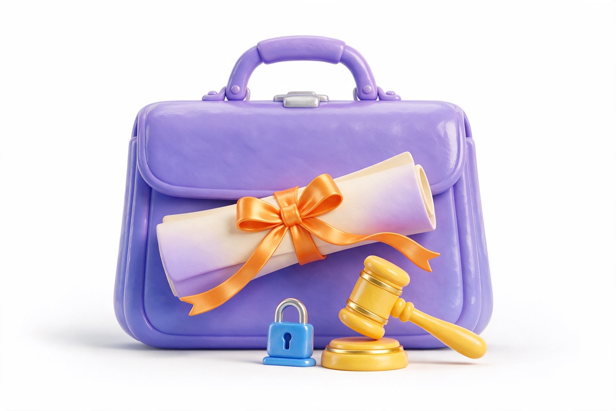 Purple briefcase, ribboned certificate, blue padlock and yellow gavel