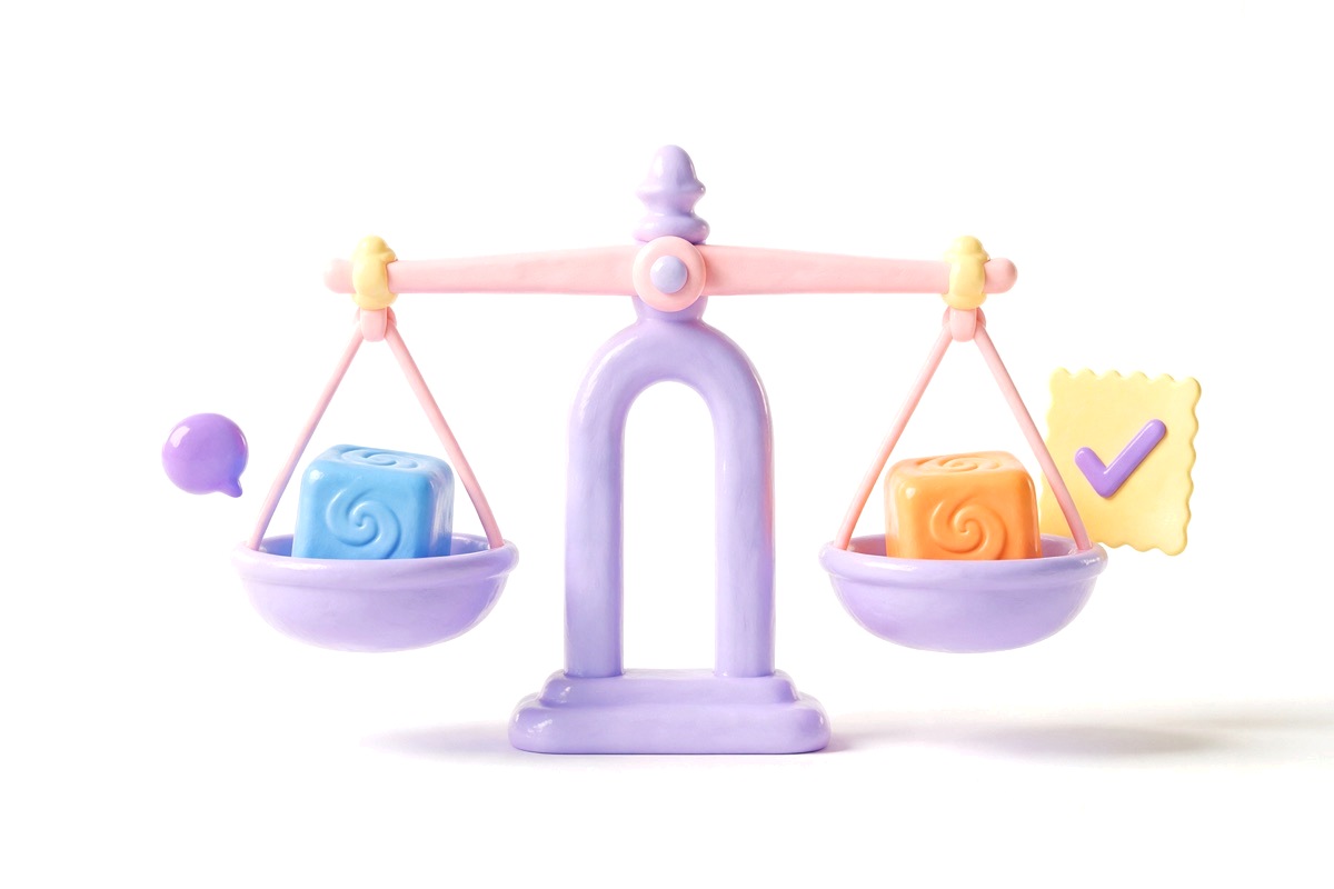 Balance scales weighing blue and orange blocks with a tick card and speech bubble