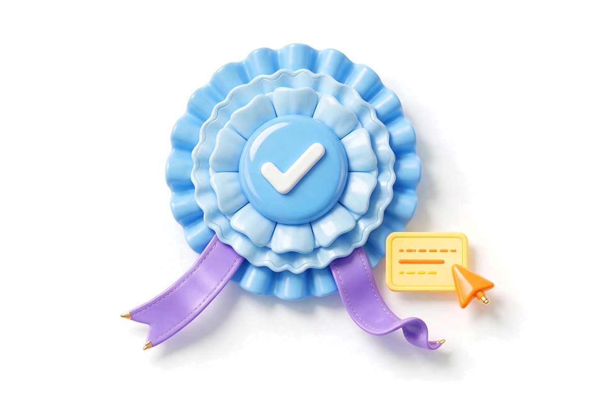 Blue award rosette with a tick and purple ribbons beside a yellow rule card