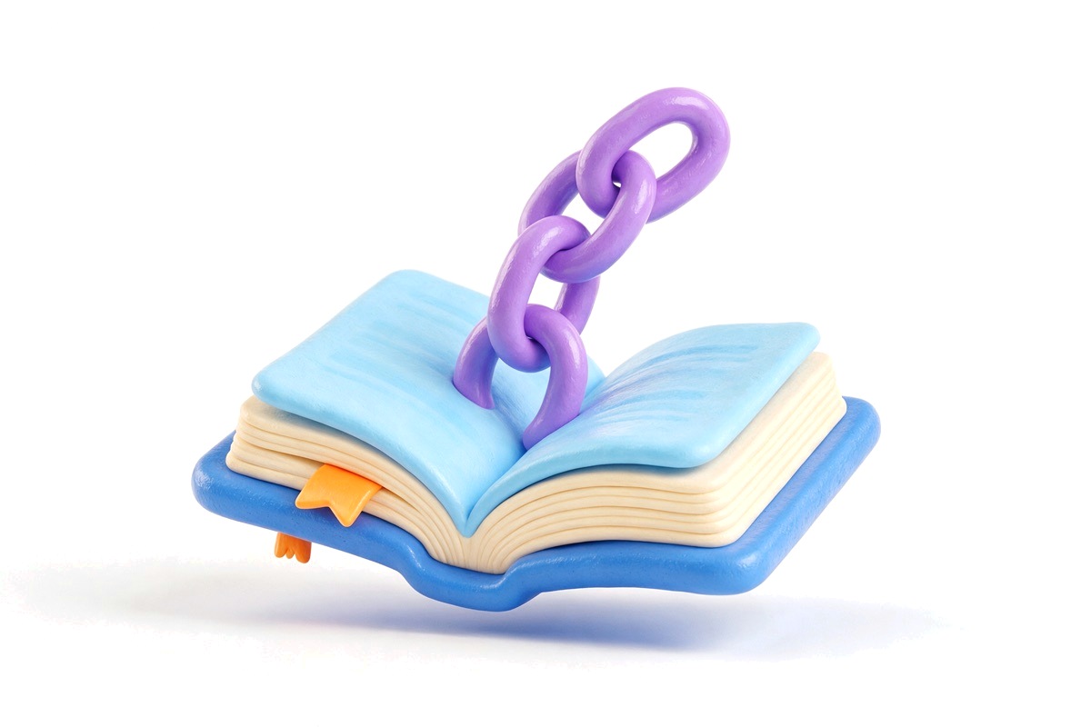 Open blue book with purple chain links rising from the pages and an orange bookmark