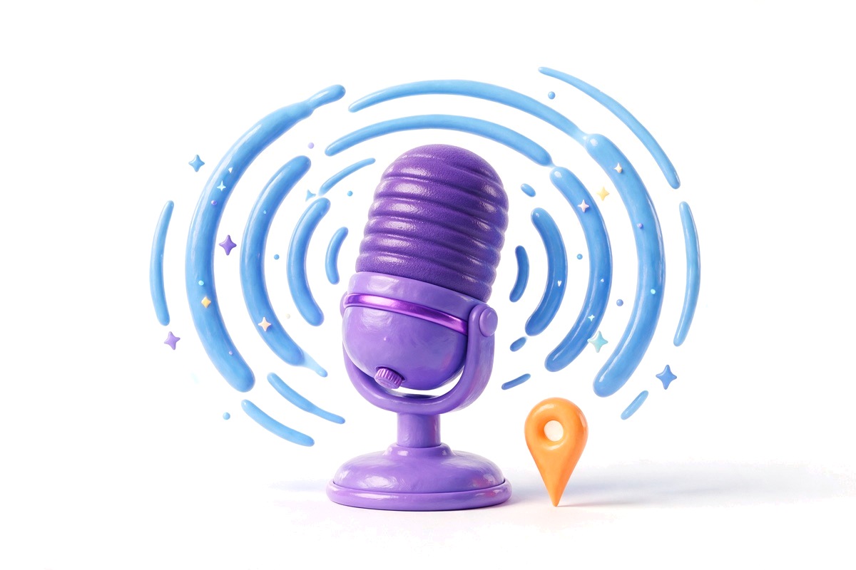 Glossy 3D microphone surrounded by sound waves with a location pin