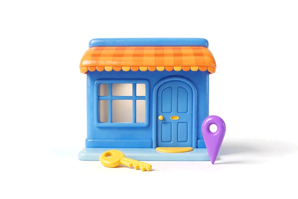 Blue shopfront with orange awning, yellow key and purple map pin
