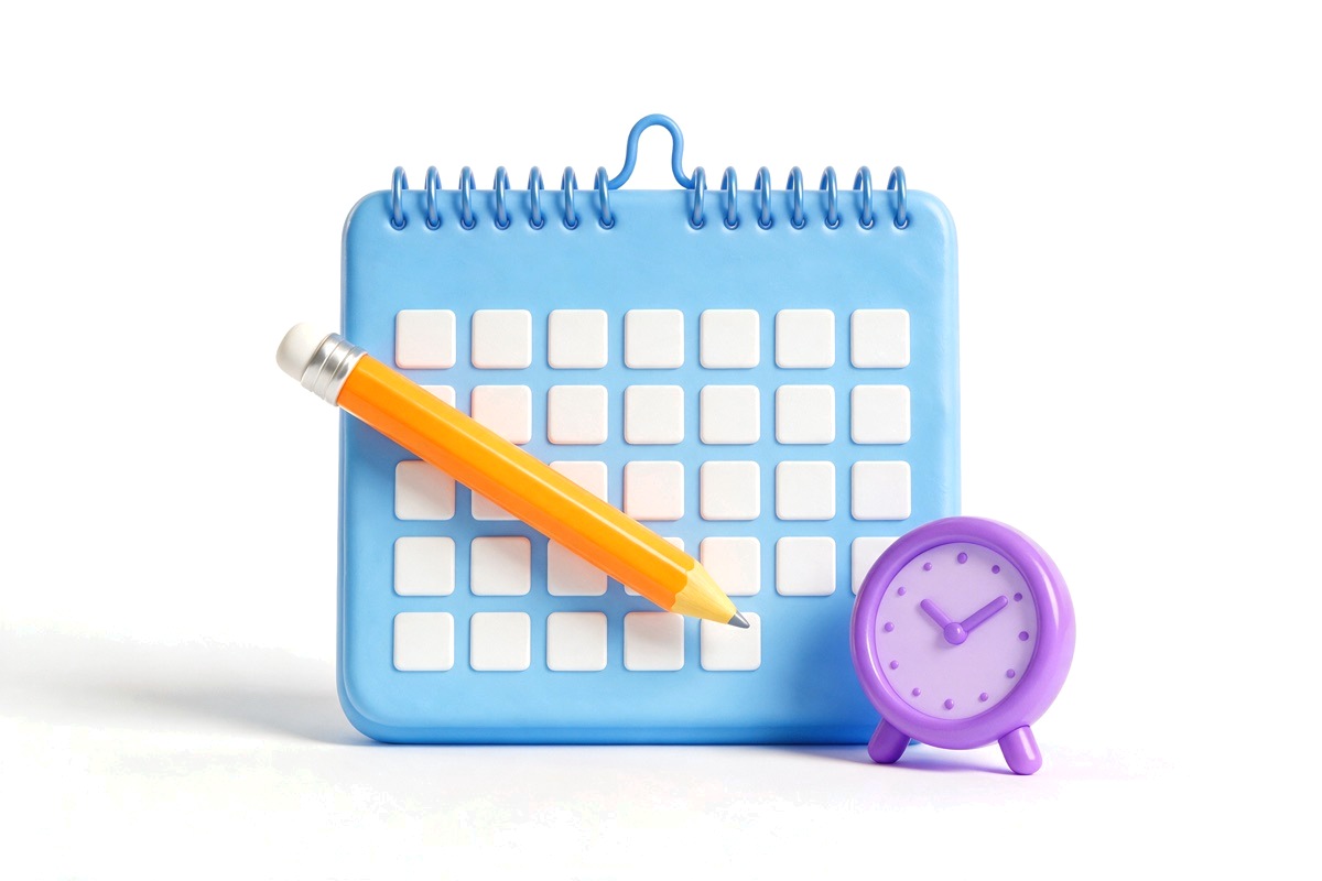 Blue calendar with blank squares, orange pencil and small purple clock
