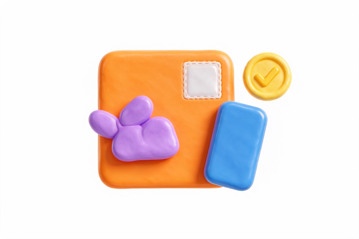 Orange postcard with a blank stamp, a blue phone and a yellow tick badge