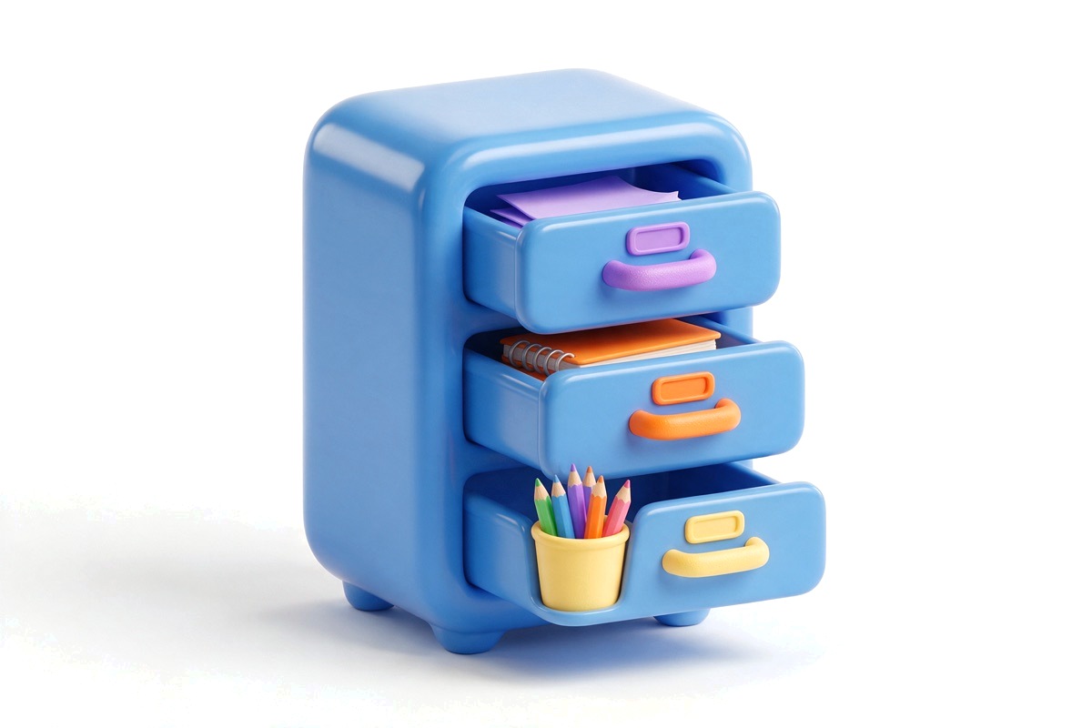 Filing cabinet with three drawers open, each with a coloured tab