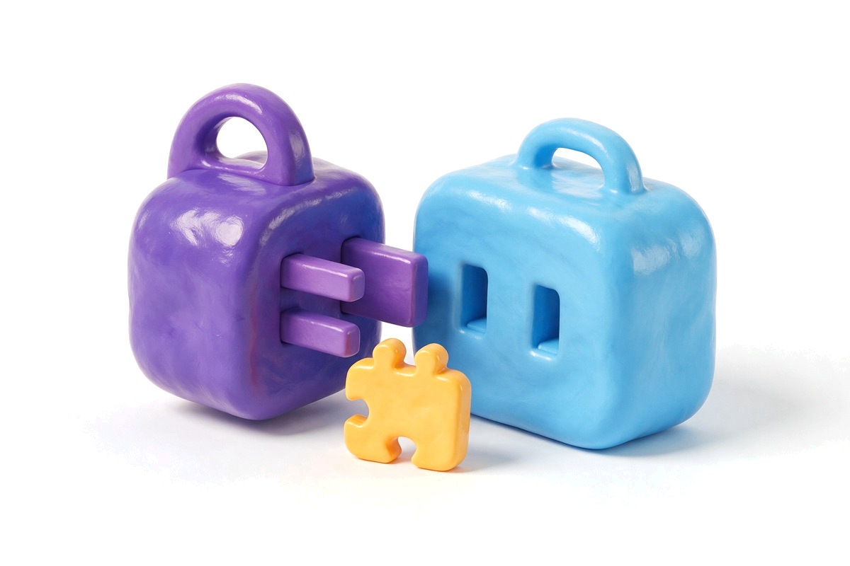 Purple plug fitting into a blue socket beside a yellow puzzle piece