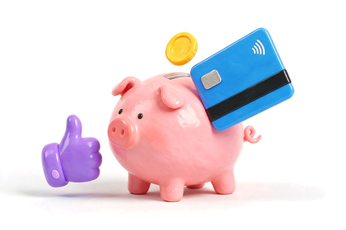 Pink piggy bank taking a yellow coin, with a tick card and purple thumbs-up