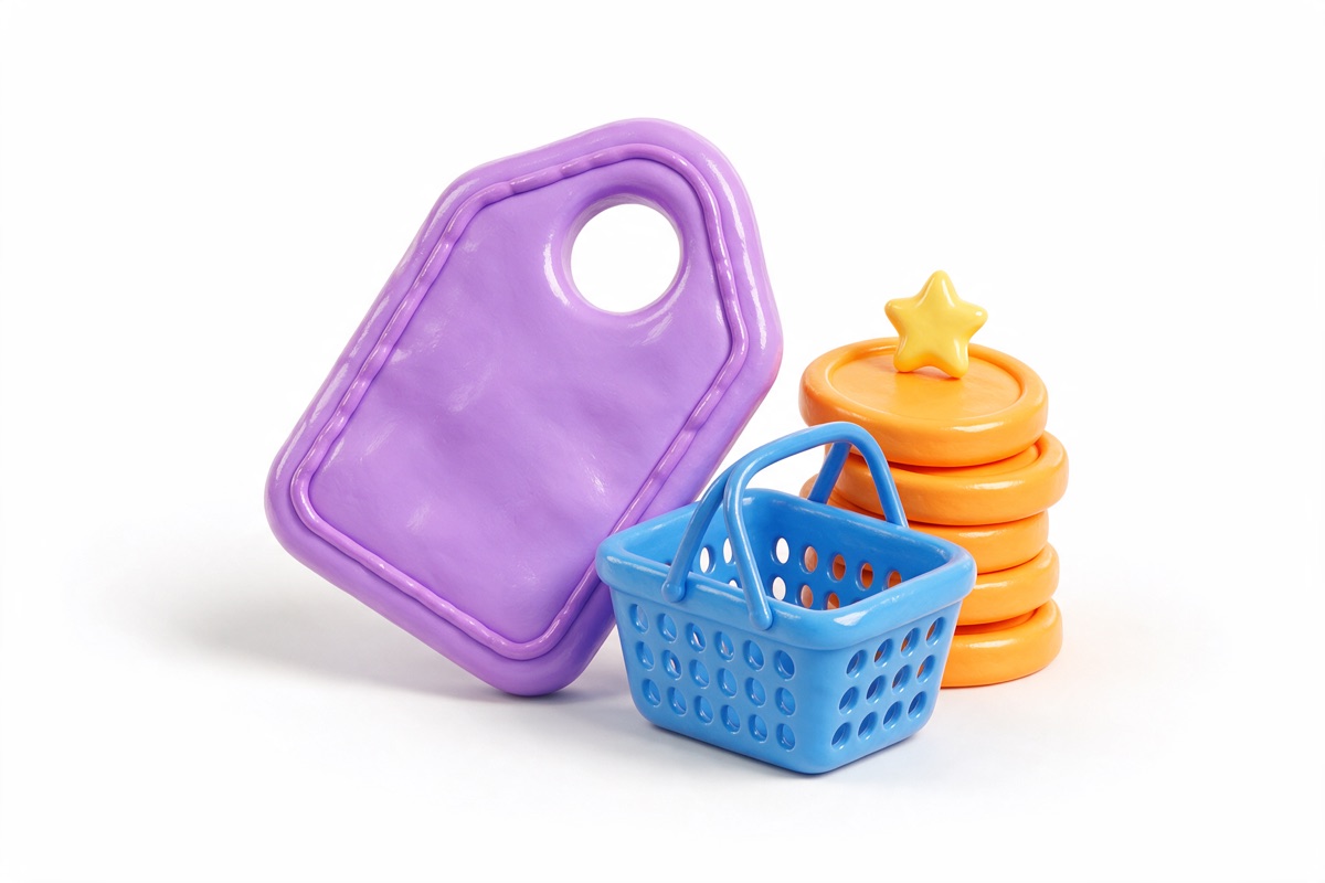 Purple price tag, blue shopping basket and orange coins with a yellow star