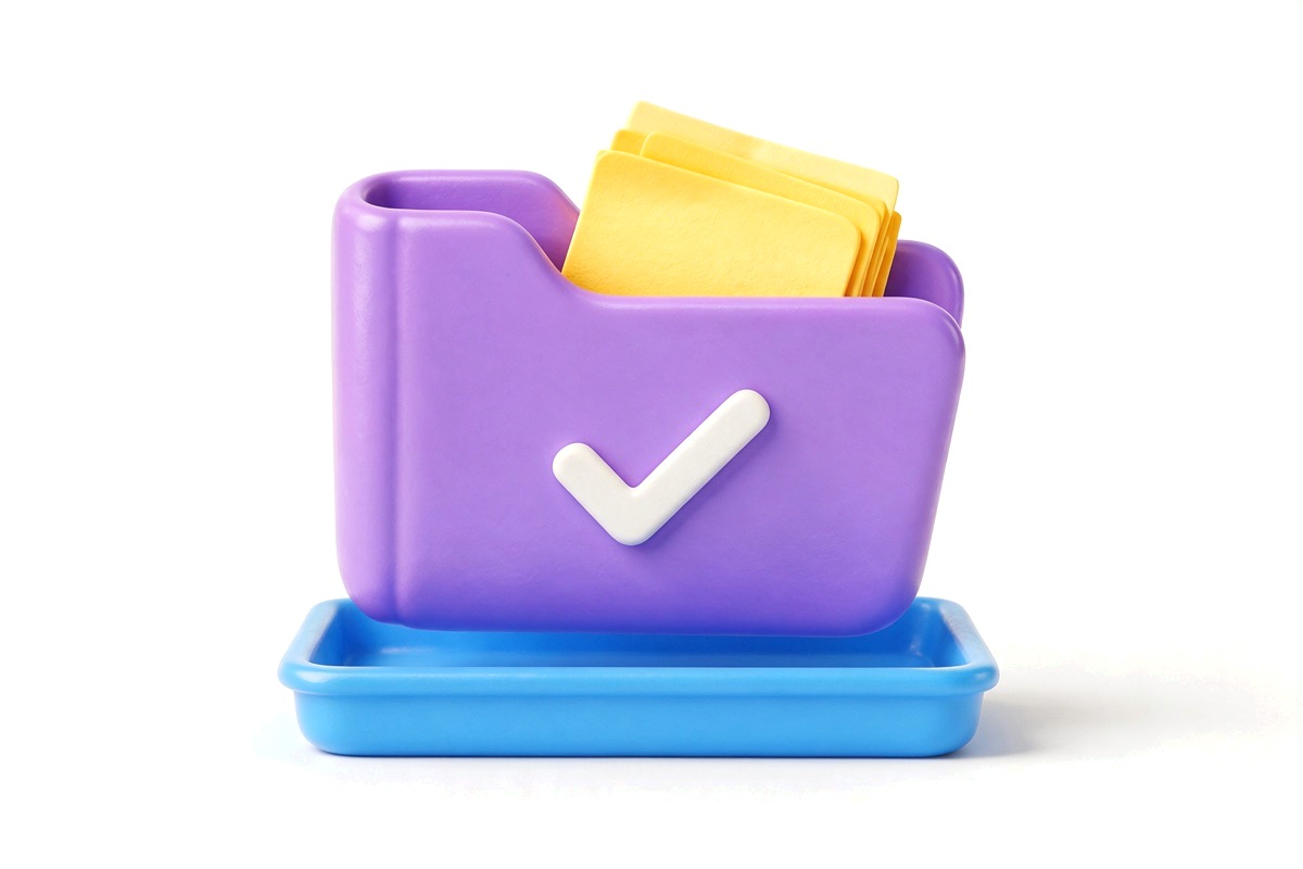Purple ticked folder gathering yellow sticky notes in a blue tray