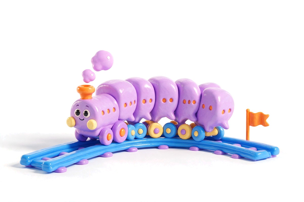 Purple toy train of speech-bubble carriages on a curved blue track