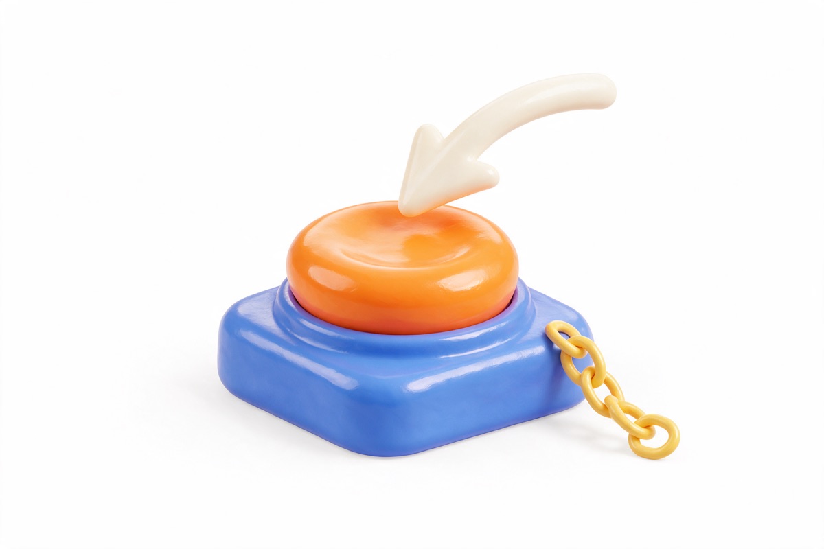 Large orange push button with a pointer arrow and a yellow link chain