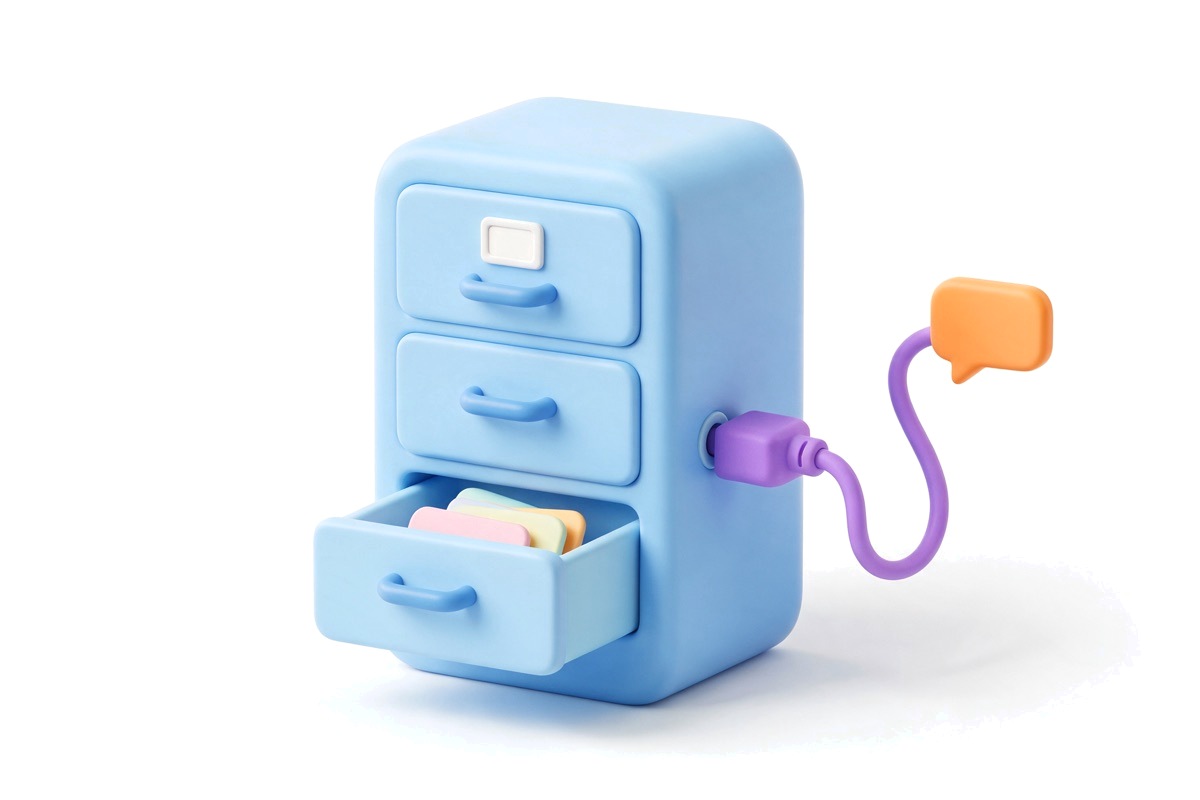 Open filing drawer of contact cards plugged into a small speech bubble