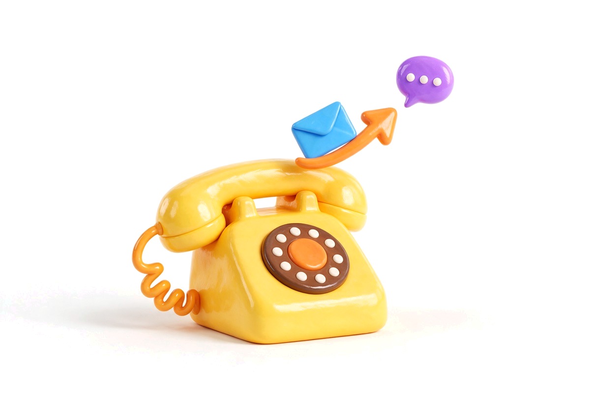 Retro telephone sending a small envelope along a curved arrow to a speech bubble