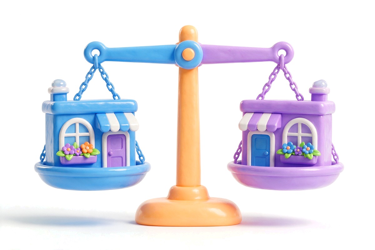 Balance scales weighing two small storefront blocks evenly