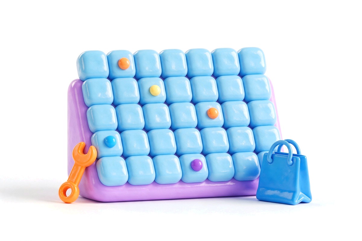 Desk calendar with coloured dots, a wrench and a small shopping bag