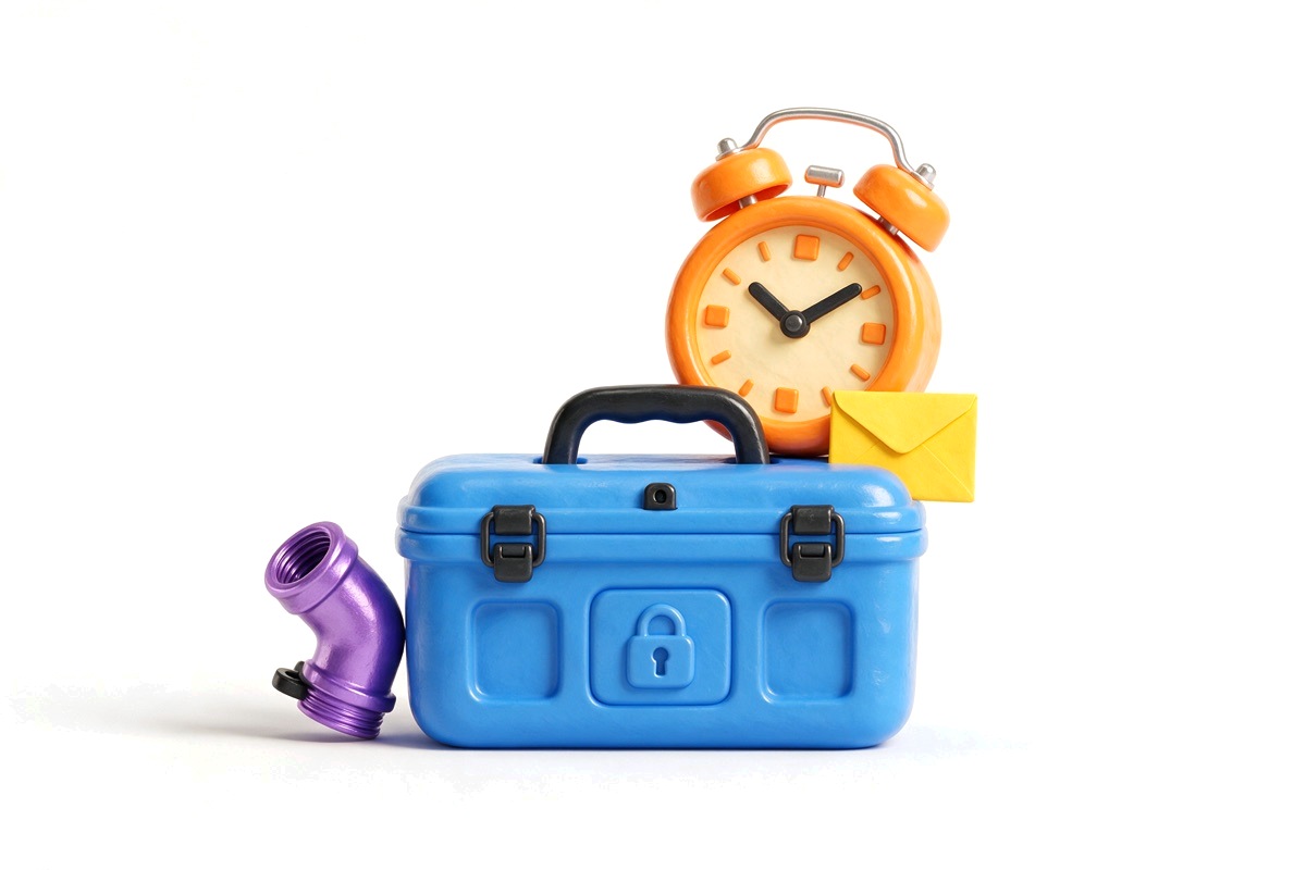 Orange alarm clock on a blue toolbox with a yellow envelope and pipe fitting