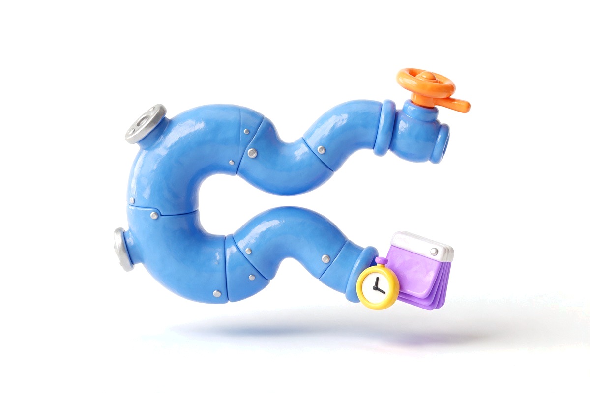 Blue pipe splitting into an orange lever valve and a calendar with stopwatch