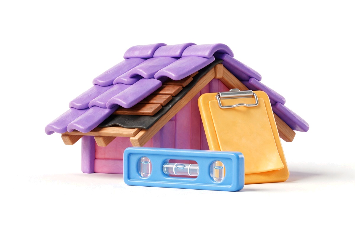 Cutaway purple roof with lifted orange tiles, a clipboard and a spirit level