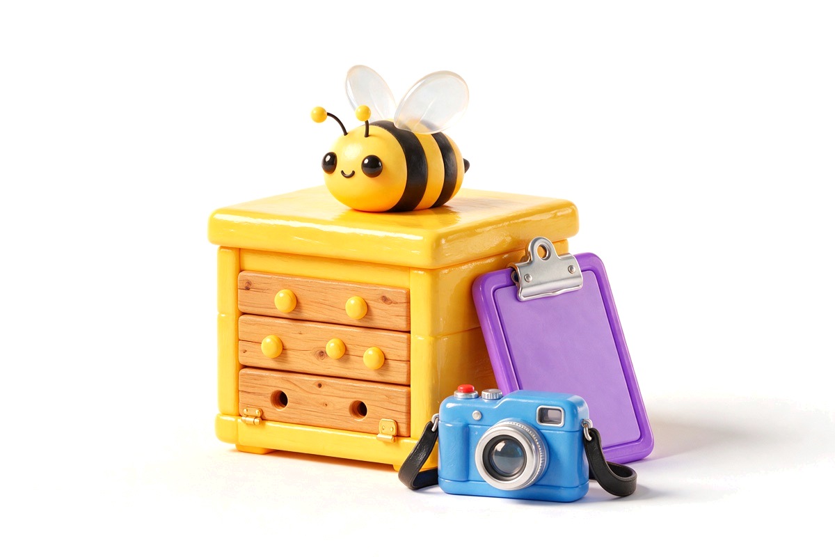 Yellow beehive with a bee, a purple clipboard and a small blue camera