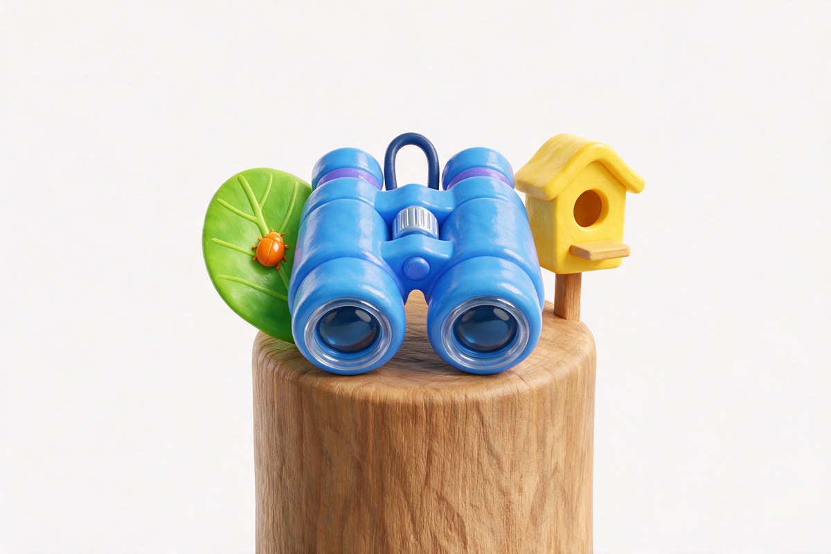 Blue binoculars on a fence post beside an orange beetle and bird box