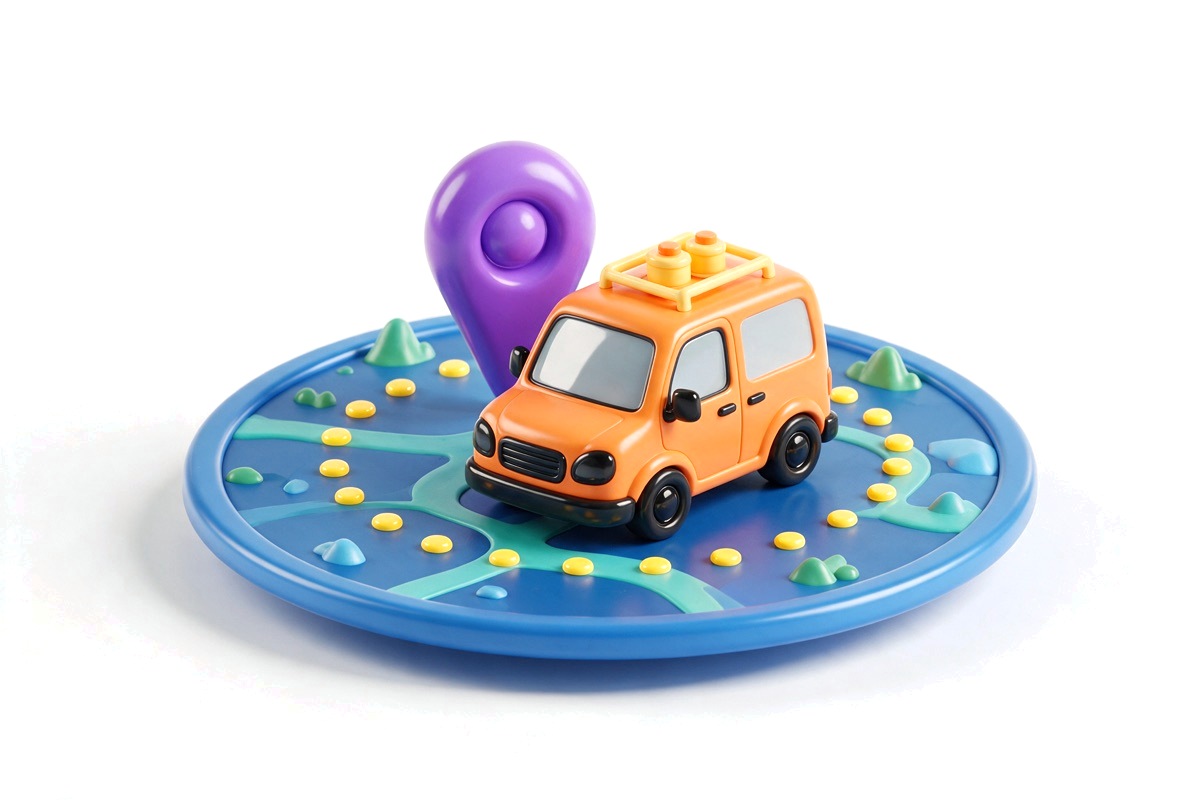 Orange service van on a round map disc with a purple pin and dotted ring