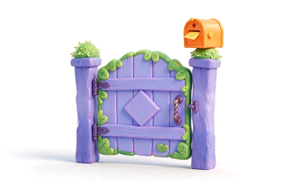 Open purple garden gate with an orange mailbox and a yellow envelope