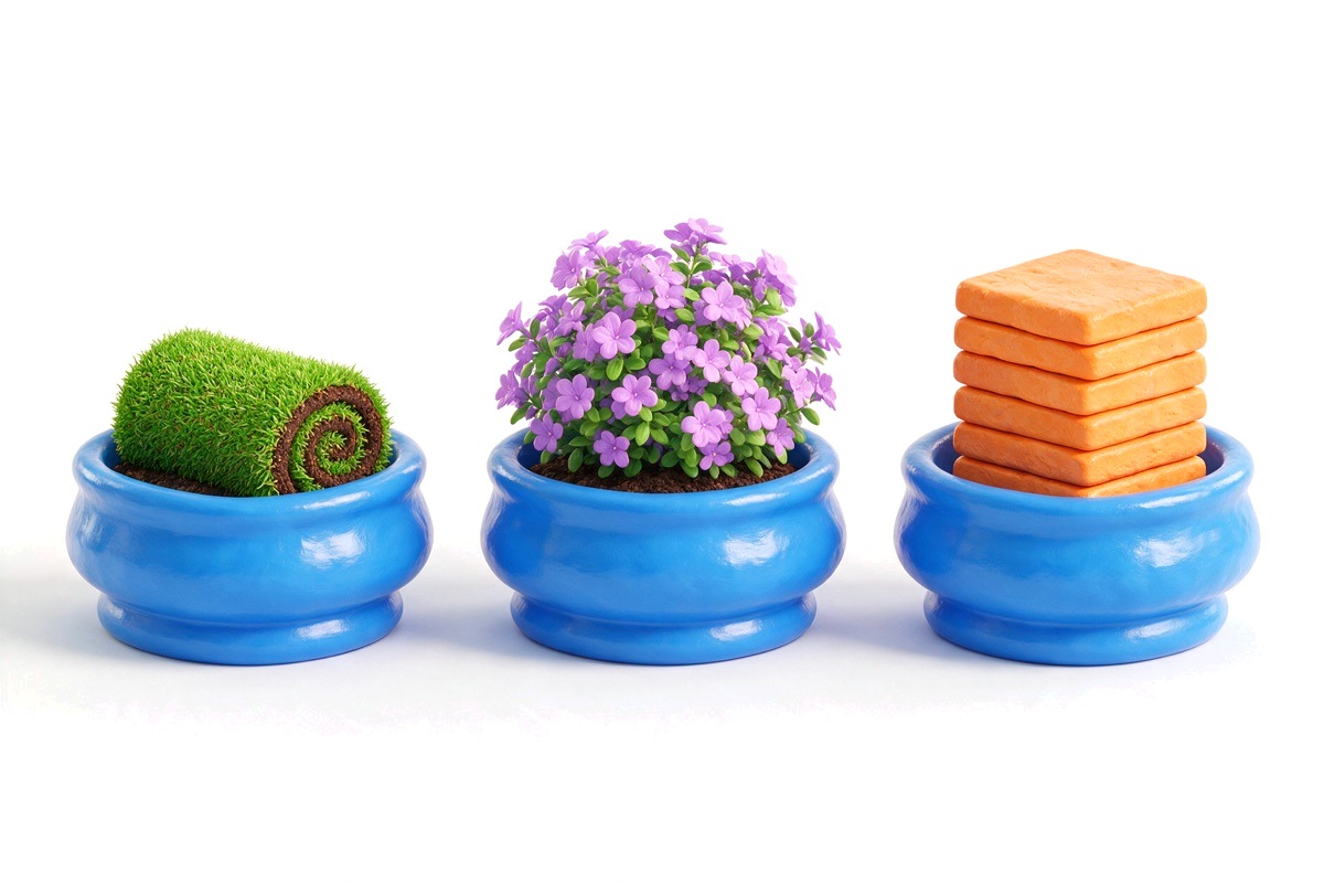 Three garden trays holding turf, a flowering shrub and paving stones, side by side