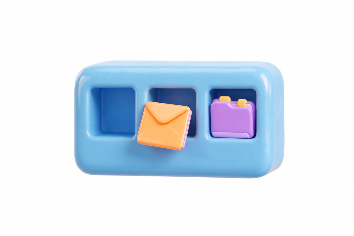 Mail sorter with three pigeon-holes, an orange envelope and a purple folder