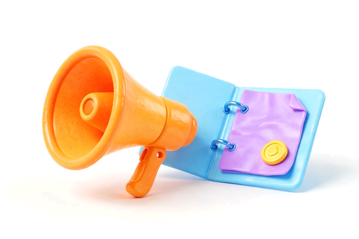 Orange megaphone beside an open blue folder with a purple document